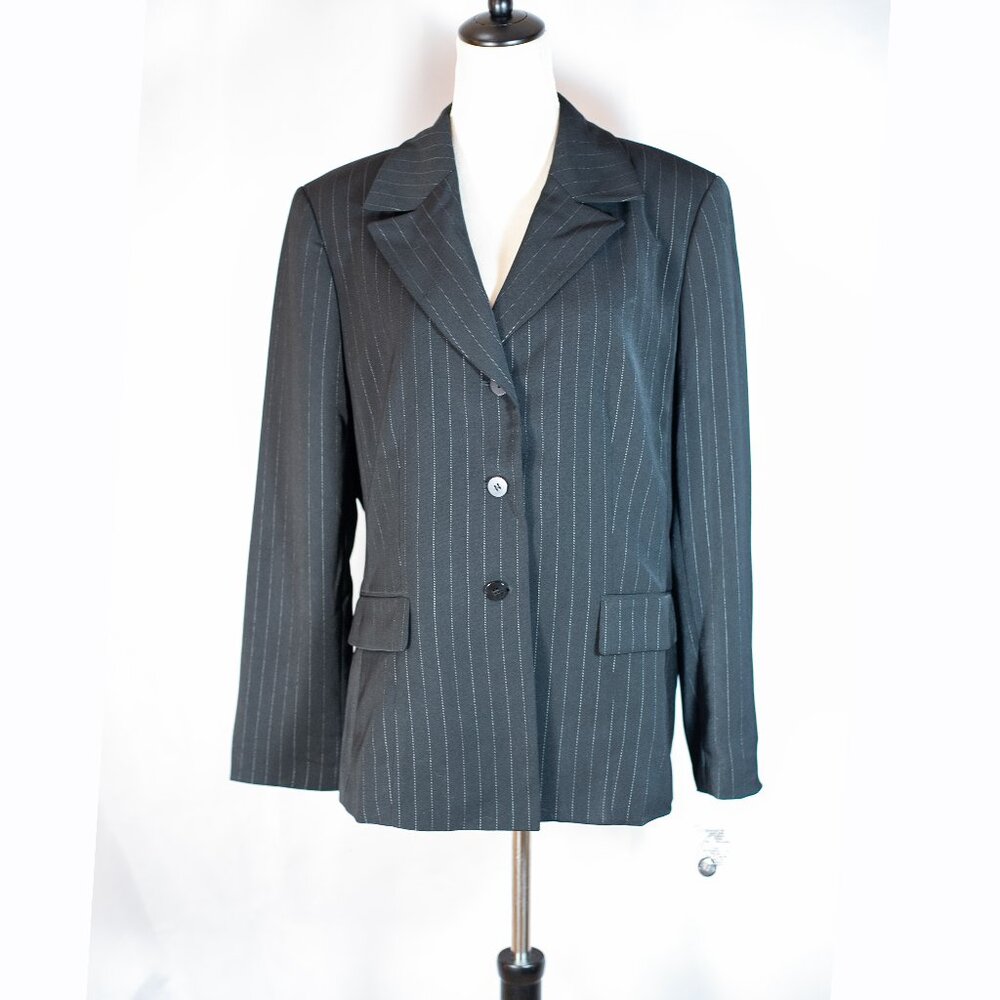 Le Suit Womens Striped Blazer Three Buttons Black with White Stripes Size 16
